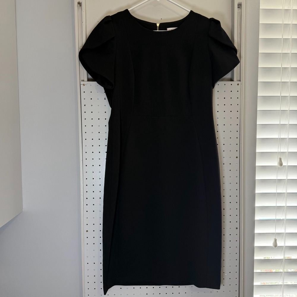Calvin Klein Sheath Dress Womens Size 12 Black Stretch Puff Cap Sleeves Cocktail
